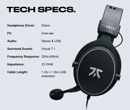 Vista 6 de Fnatic React+ - Auriculares para juegos electrónicos con controladores de 2.087in, sonido envolvente preciso 7.1 y tarjeta de sonido USB avanzada