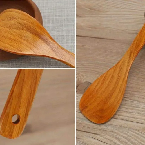 Vista 2 de Espátula antiadherente de madera larga, herramientas antiadherentes para sartén de mano Wok, utensilios de cocina (A)