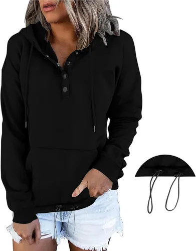 Vista 2 de SMIDOW Sudadera con capucha para mujer, con botones, de moda, con cordón, color liso, bonita, cómoda, sin botones
