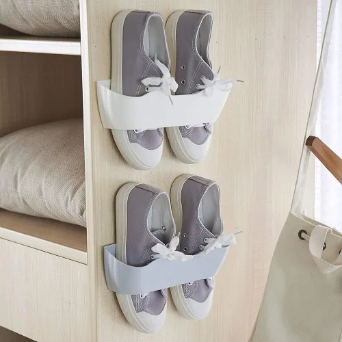 Vista 3 de Estantes para zapatos con tiras adhesivas para colgar en la pared, organizador de plástico, colgador de zapatos para puertas