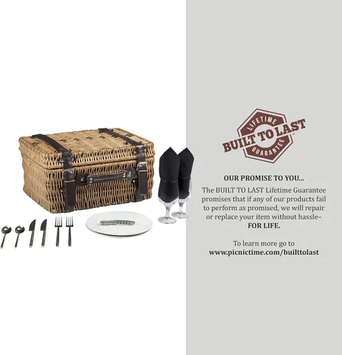 Vista 8 de PICNIC TIME Champion - Cesta de picnic para 2, romántica canasta de mimbre de madera de estilo inglés con servicio de lujo para 2, interior Negro
