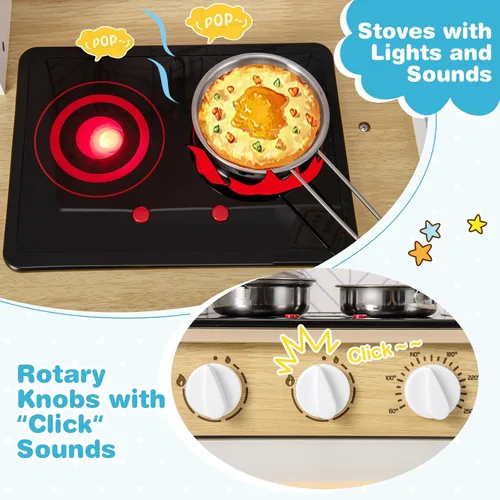 Vista 2 de Costzon Juego de cocina para niños, cocina de madera con luces y sonidos, estufas, fregadero, grifo, microondas, horno y accesorios de cocina, juego