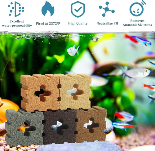 Vista 2 de SHIGATSU Medios de filtro de acuario, bloques de filtro de cerámica para acuario para agua salada y estanque de agua dulce (15 piezas)
