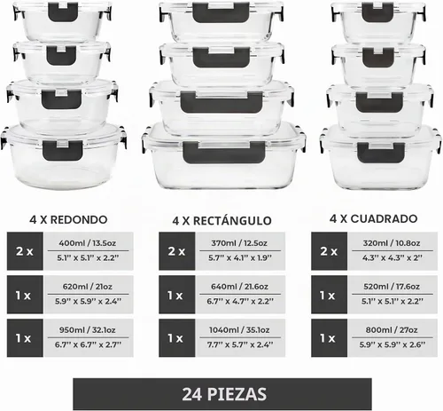 Vista 2 de Freshware - Recipientes de almacenamiento de vidrio con tapas, 24 piezas, recipientes de vidrio para almacenamiento de alimentos con tapas, a prueba