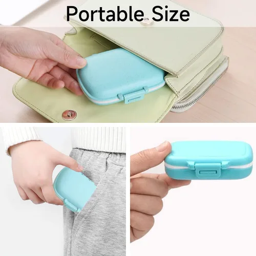 Vista 2 de Paquete de 4 pastilleros de viaje, 8 compartimentos, pastillero semanal a prueba de humedad, pequeño pastillero para bolsillo diario portátil