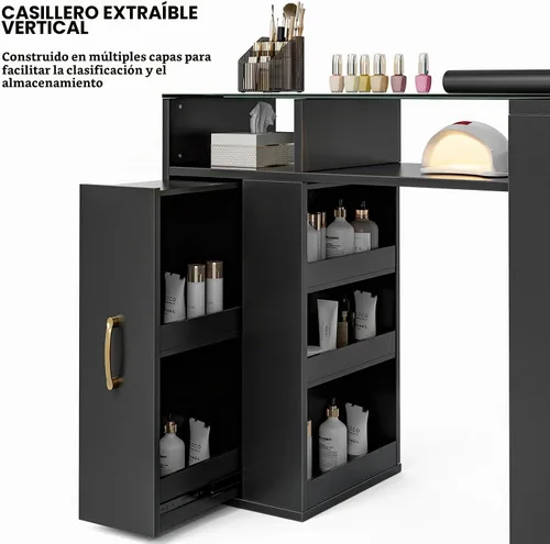 Vista 6 de Mesa de manicura en forma de L con estantes, estación de mesa de uñas con parte superior de cristal, resistente a acetona, con cajones de Negro