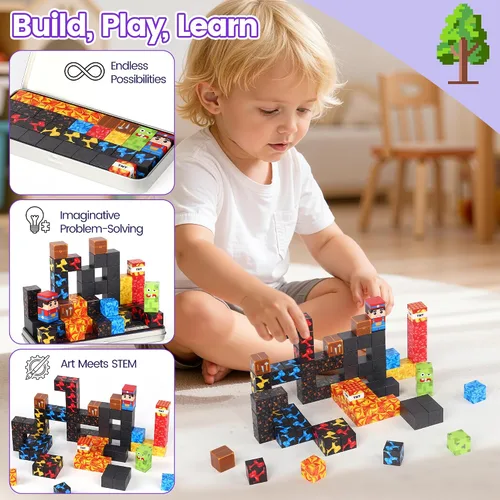 Vista 7 de SYSKENI Juego de 35 Bloques Magnéticos de Viaje, Mini Bloques Magnéticos Juguetes de Viaje para Niños de 3-5 y 4-8 Años, Cubos Magnéticos Portátiles