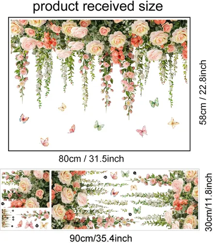 Vista 2 de Calcomanías de pared de rosas vívidas, calcomanías de pared florales de vid colgantes, calcomanías de mariposa, papel tapiz para despegar y pegar