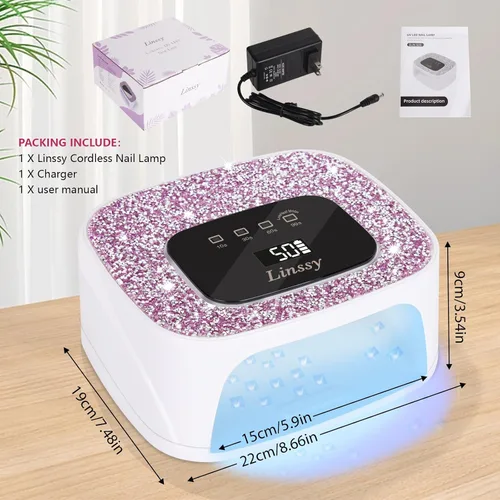 Vista 7 de Linssy - Lámpara de uñas recargable UV LED, lámpara de gel de uñas inalámbrica portátil Gel Nail Dryer Light 4 Timings & Diamond LCD Screen with