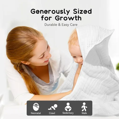Vista 6 de Toallas con capucha para bebés y niños pequeños, toalla de baño de muselina suave y absorbente para niños y niñas (blanco puro, 1 unidad)