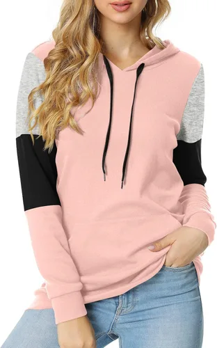 Vista 2 de CATHY Sudadera casual con cordón para mujer manga larga bloque de color sudadera con capucha y bolsillo