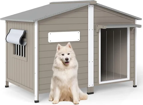 Vista 13 de PetsCosset Casa para perros al aire libre de 20.5 pulgadas de largo con techo de asfalto impermeable para perros pequeños a medianos, perrera grande