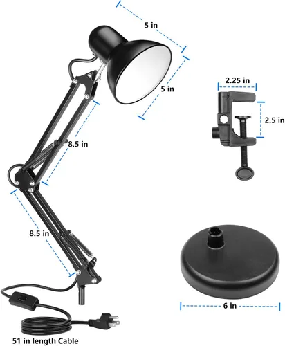 Vista 6 de AmeriTop Lámpara de escritorio de metal, negro, brazo ajustable, extensión de 18 pulgadas, listado UL