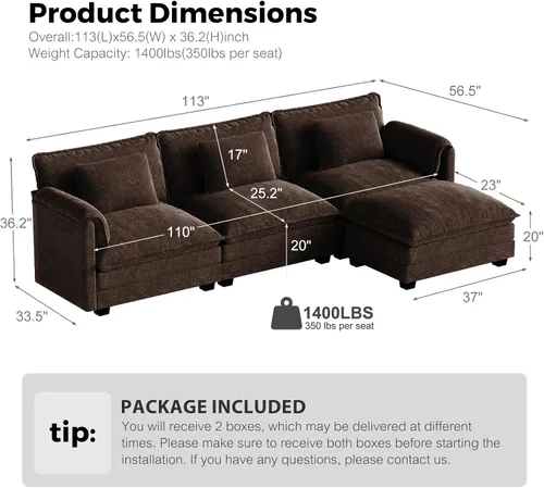Vista 2 de Sofá modular de gran tamaño de 113 pulgadas, cómodo sofá en forma de L con funda extraíble, asiento ancho y profundo moderno para sala de estar