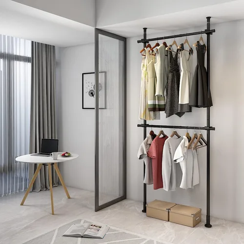 Vista 3 de Perchero industrial de tubería, perchero de ropa de 2 niveles con estantes, barra de ropa de hierro negro desmontable resistente montado