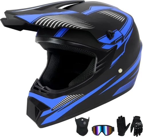 Vista 13 de Casco de motocross para niños jóvenes, casco de motocicleta todoterreno con (gafas, guantes, máscara), juego de 4 piezas, casco de cara completa