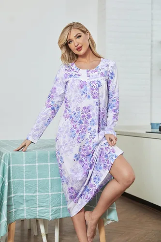Vista 6 de IZZY + TOBY Camisones de algodón para mujer, de manga larga, suave, largo, cálido, vestido de noche con nudos, camisón para mujer