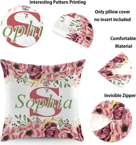 Vista 2 de Funda de almohada con nombre, funda de almohada personalizada con flores, funda de almohada cuadrada, regalos de cumpleaños para mamá, sofá, cama