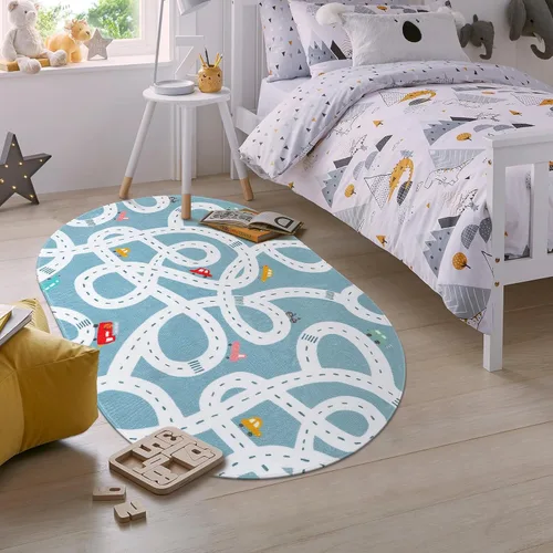 Vista 6 de LIVEBOX Alfombra de Juego Antideslizante Azul de 3'x5' para Niños, Alfombra de Carretera Lavable a Máquina para Sala de Juegos, Alfombra de Sala