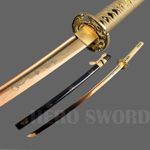 Vista 9 de Espada samurái japonesa hecha a mano con hoja de oro, grabado a mano, Katana de dragón dorado, espiga completa, afilada, puede cortar árboles