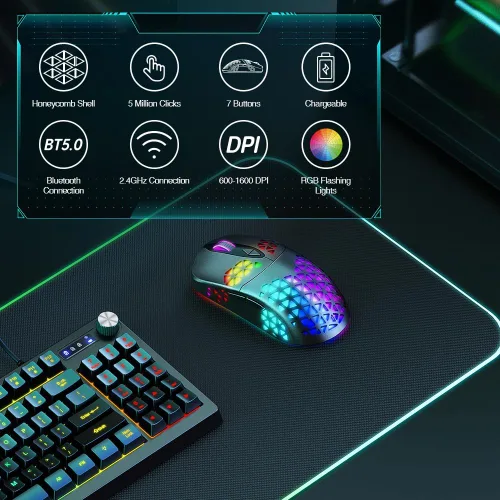 Vista 7 de WolfLawS KM-3 - Mouse inalámbrico para juegos, mouse inalámbrico RGB recargable con 7 botones programados, 4 niveles de DPI, 60 horas de juego
