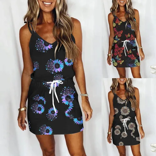 Vista 4 de NaRHbrg Vestido a rayas para mujer, vestido casual de verano con cuello en V, sin mangas, cóctel, playa, fiesta, vestido de verano, cintura