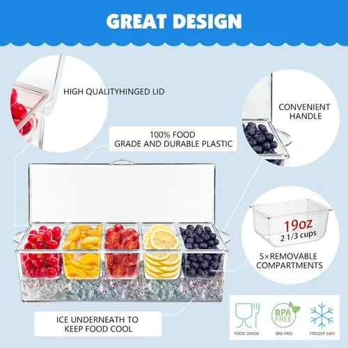 Vista 5 de Bandeja de condimentos refrigerados, cesta de frutas de bar con tapa y 5 compartimentos extraíbles, bandeja transparente para servir condimentos