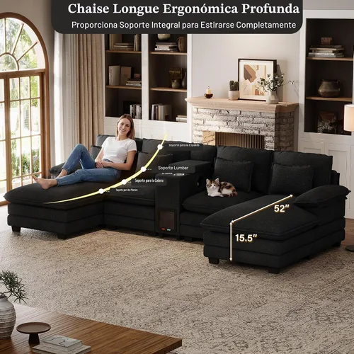 Vista 4 de Sofá nube en forma de U de 130 pulgadas con casa para gatos, sofá modular de gran tamaño para sala de estar, cómodo sofá grande de chenilla, juego