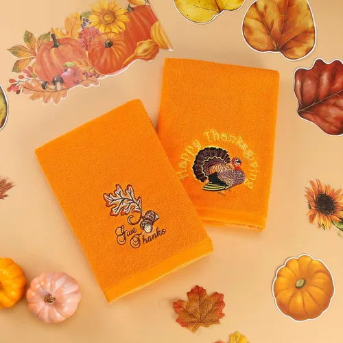Vista 5 de Quera Paquete de 2 toallas de mano de otoño de Acción de Gracias, hojas de otoño, pavo, bordadas, decoración de lujo de primera calidad, juego