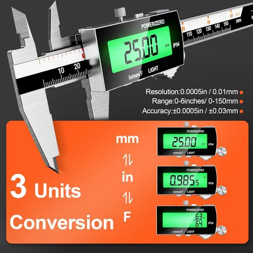 Vista 4 de Preciva Calibre digital de retroiluminación, micrómetro electrónico recargable impermeable IP54 de 6 pulgadas con pantalla LCD, conversiones