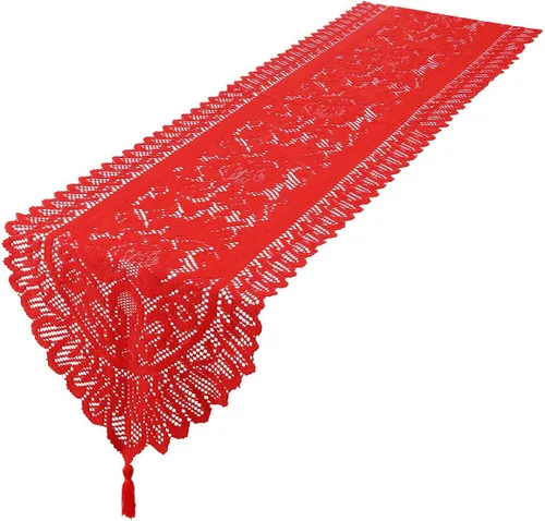 Vista 20 de mookaitedecor Camino de mesa de encaje rojo para decoración de café de fiesta de Navidad