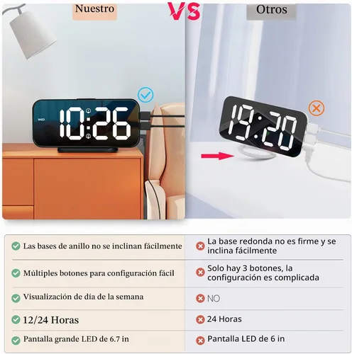 Vista 6 de Reloj despertador digital para dormitorio, superficie de espejo LED de 6.7 pulgadas con 2 puertos de carga USB, brillo ajustable, alarma doble Negro