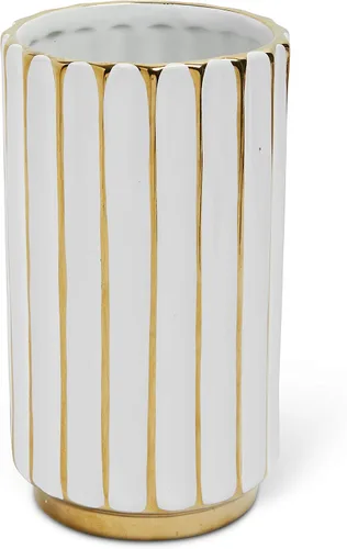 Vista 2 de Jarrón blanco y dorado, elegante decoración del hogar, florero de flores, centro de mesa de cocina, crestas geométricas, parte inferior biselada