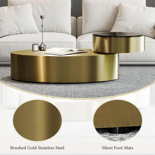 Vista 8 de Mesa auxiliar giratoria ovalada dorada, mesa central de lujo moderna de 2 niveles con parte superior redonda giratoria de 360°, mesa de té con base