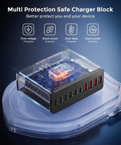Vista 3 de Estación de carga USB C Roruite de 10 puertos con 4 cables, bloque de Negro