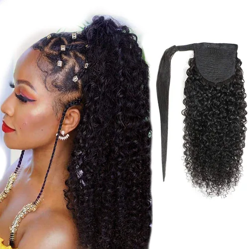 Vista 8 de Extensión de cola de caballo de cabello humano, onda de agua, pasta mágica, ondulado, natural, cola de caballo rizada 100% real, cabello Remy ondas