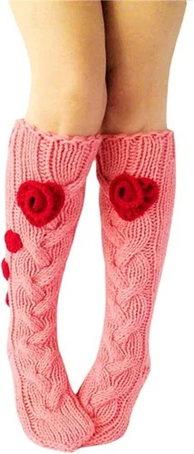 Vista 4 de YELAIVP Calcetines altos hasta la rodilla para mujer, de punto trenzado, con flores, casuales, para invierno, largos, para piernas