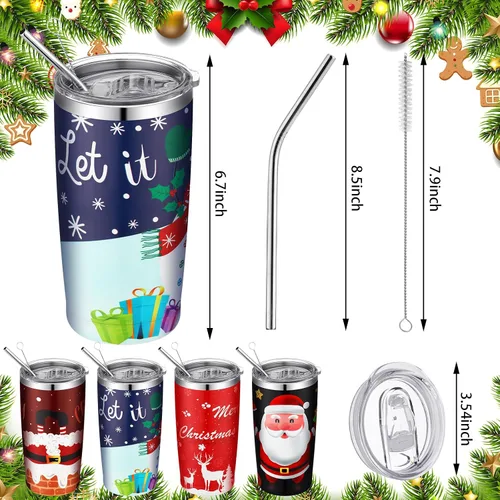Vista 5 de 4 vasos de Navidad de 20 onzas con tapa y pajita, taza aislada