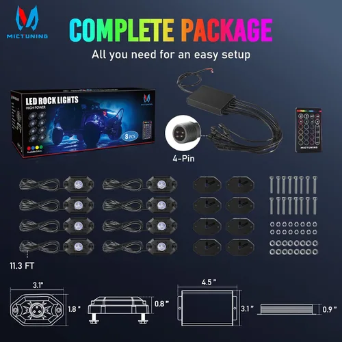 Vista 7 de MICTUNING Kit de luces LED RGB 2025 mejorado, 8 cápsulas de luz neón multicolor con control remoto RF a prueba de agua 12V para autos, camiones