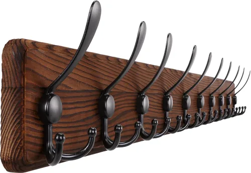 Vista 8 de Gohiuo Perchero Rústico para Montaje en Pared, Ganchos de Pared de Madera con 5 Ganchos Triples, Perchero de Madera Resistente para Colgar