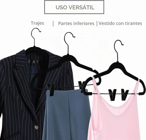 Vista 3 de MIZGI - Perchas premium de terciopelo negro para pantalones con clips ajustables (paquete de 20) Perchas delgadas para faldas - Perchas Negro/Negro