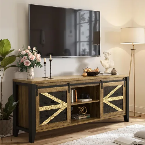 Vista 13 de VFK Soporte de TV de esquina de estilo granja para TV de 50 pulgadas, centro de entretenimiento rústico con almacenamiento, mesa de consola