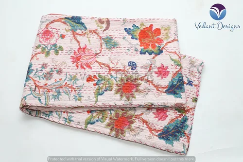 Vista 3 de Colcha india hecha a mano Kantha con estampado floral, funda de cama Kantha, manta de algodón individual Gudari (rosa claro)