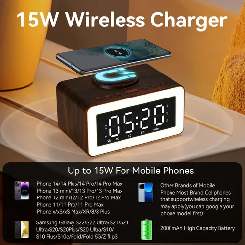 Vista 3 de Reloj despertador de madera con altavoz Bluetooth con carga inalámbrica, atenuador de brillo ajustable 0-100%, 2 alarmas, repetición de 9 minutos
