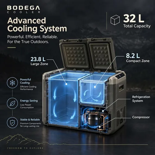 Vista 2 de BODEGACOOLER Refrigerador de Coche de 12 Voltios, Refrigerador de Coche de 34 Cuartos de Galón (32L) de Doble Zona, Congelador Portátil de 12V