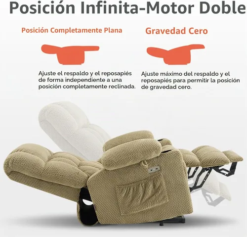 Vista 5 de MCombo Silla reclinable eléctrica de motor dual con masaje y calor para personas mayores, posición infinita, puertos USB, portavasos, tela 7890 Beige