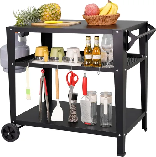Vista 7 de LEETOLLA Carrito de parrilla de acero inoxidable para exteriores con ruedas, mesa de preparación de barbacoa de 3 niveles resistente para horno