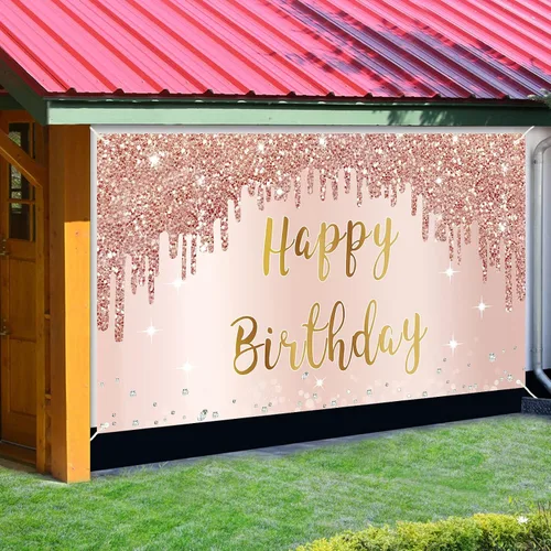 Vista 3 de Cartel de feliz cumpleaños de oro rosa y decoraciones de fondo para niñas y mujeres, suministros de letrero de fiesta temática rosa, gran póster
