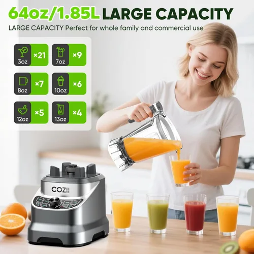 Vista 6 de COZII Licuadora comercial de 2000 vatios máximo, licuadoras de encimera para cocina, jarra de 64 onzas/taza para llevar de 21 onzas, 7 programas