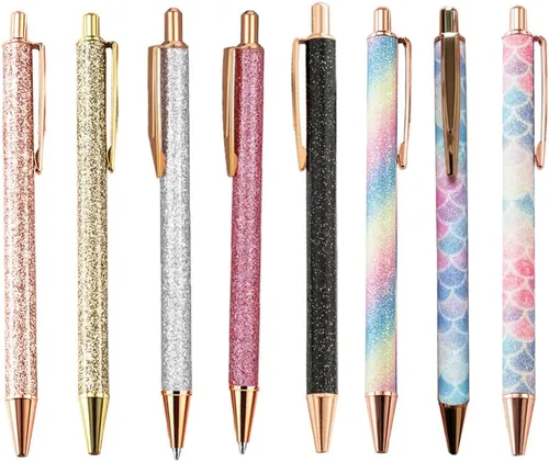 Vista 7 de Bolígrafo de punta media de 0.039 pulgadas con lentejuelas y purpurina de cristal, bolígrafos de metal retráctiles para la escuela, oficina, Pink